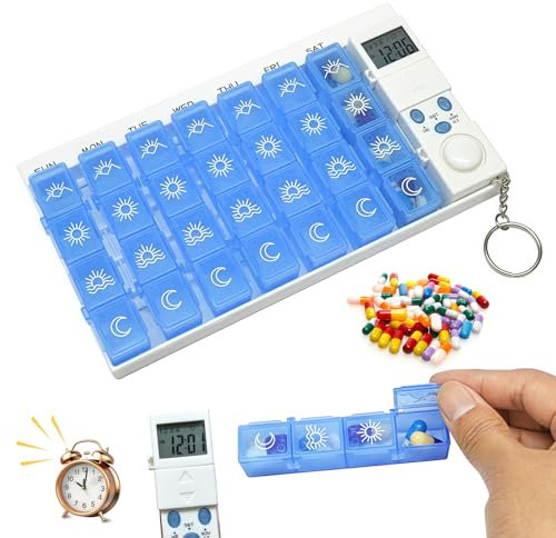 Sporgo Pilulier 7 jours avec alarme : pilulier 7 jours 4 compartiments, boîte à médicaments 7 jours avec minuterie et rappel de réveil, distributeur de comprimés portable 7 jours organisateur de