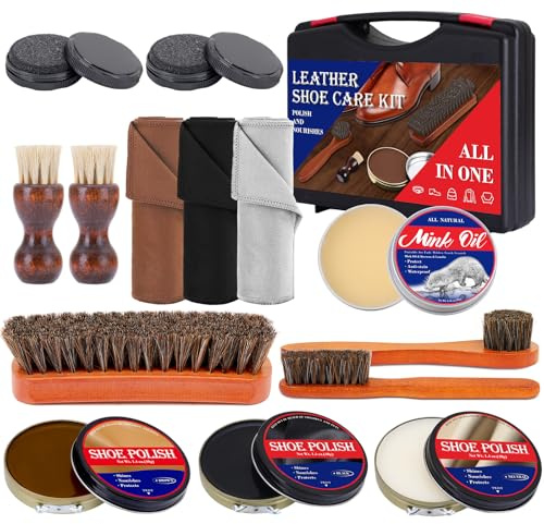 TUXIYA 15pcs Shoe Shine Kit, Shoe Polish Kit, Leather Boot Care Kit, with Horsehair Brush&Wooden Applicator – Portable Travel Shoe Polish Kit for Brown/Black/Neutral Shoes