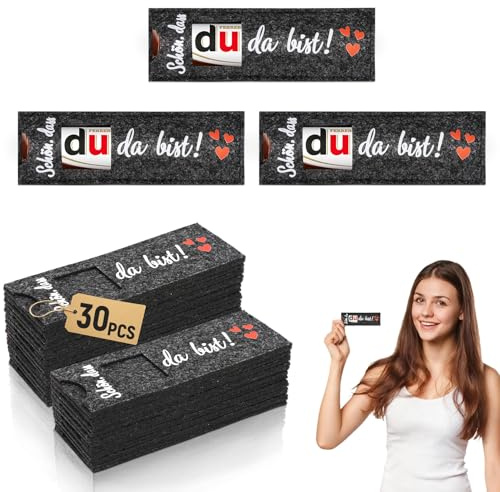 Forhandy 30 Stück Schön Dass Du Da Bist Schokolade Hülle Filz Dunkelgrau | Schokoladen Verpackung Schokoriegel Geschenkbox Dankeschön Geschenke Klein für Hochzeit Taufe Geburtstag (Ohne Schokolade)