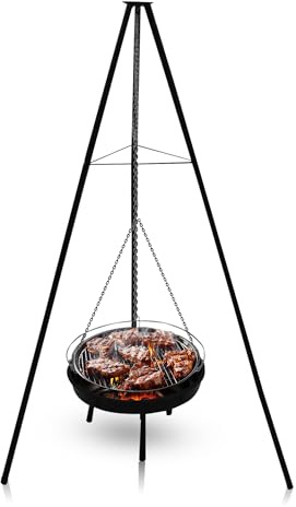 Muntel® BBQ Multi-Grill Schwenkgrill, Tripod Set,160 cm,Dreibein mit Feuerschale,Grillrost,Räucherplanken & Topf, Höhenverstellbar, Outdoor Grillen, Kochen im Garten schwarz