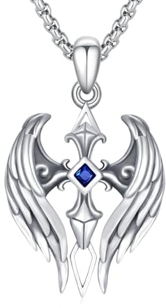 YEESIA Collana a forma di ali d'angelo, in argento sterling 925, con ciondolo a forma di croce con zaffiro, per battesimo, compleanno e anniversario per uomini e donne