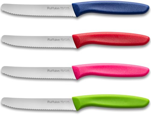 Ruffulon Brotmesser Klein,Vespermesser Set 4-tlg,Mehrfarbig Messer Set | Blau&Rot&Rose&Grün,PP Kunststoffgriff Frühstücksmesser Spülmaschinenfest,11cm Rostfreier Stahl Schneidemesser küche,Bunte