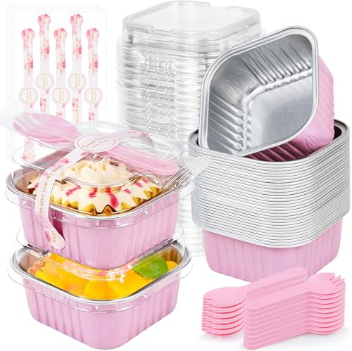 Mini Cake Pans with Lids, ZOXILEN 5oz/150ml Mini Loaf pans with Lids Spoons Aluminum Foil, Disposable Square Small Baking Cups Tins Muffin Pan Cheesecake Containers for Party Pink (25, Pink)