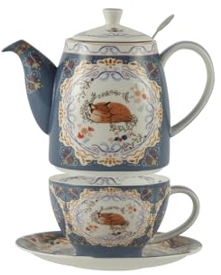London Pottery – Théière en porcelaine anglaise avec tasse et soucoupe, Thé de l'après-midi pour une personne, Ensemble théière et tasse motif animal (Renard)
