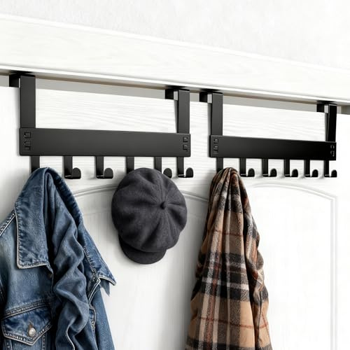 Zamety Dörrgarderob, 2 stycken dörrkrokar i metall för upphängning, dörrgarderob för upphängning med 12 svarta krokar, skyddskuddar och monteringsplattor, klädkrokar dörr för badrum vardagsrum kök