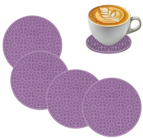 QUARKZMAN 4 Pezzi Sottobicchieri In Silicone Per Bevande Rotondi Viola | Protezione Per Tavolo, Con Motivo Floreale, Per Caffè