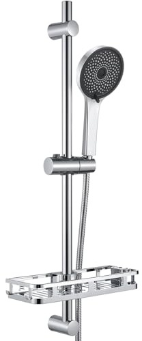 Duschstange Komplettset ohne Duscharmatur, mit ohne Bohren Ablage, 5-fach Handbrause-Höhenverstellbarer, Edelstahl Schlauch, 70cm Duschsystem mit Duschbrause für Kabine/Badewannen, ohne Regendusche