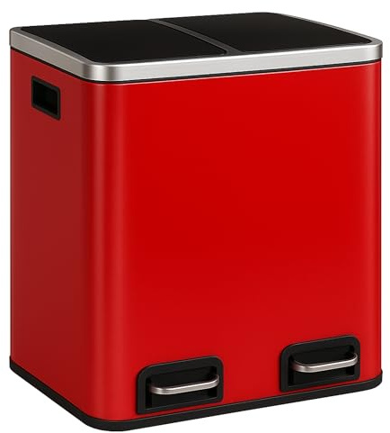 Floordirekt Felix Poubelle en acier inoxydable, système de tri à 2 compartiments, avec amortisseur de fermeture, 2 bacs amovibles, 30 ou 60 litres (rouge #, 2 x 15 litres)