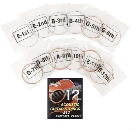 Eawfgtuw For Shuffle 12-saitige Akustikgitarrensaiten, Phosphorbronze mit PU-Beschichtung für Folk-Gitarre, rostfrei beschichtet für längere Lebensdauer, sechseckig