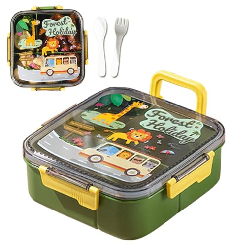 YGCHEN Fiambrera para Niños con Dibujos de Animales, Tartera Con Divisiones y Tapa Hermética, Set de Lunch Box (Cuchara, Tenedor), Ideal para Colegio, Guardería o Picnic