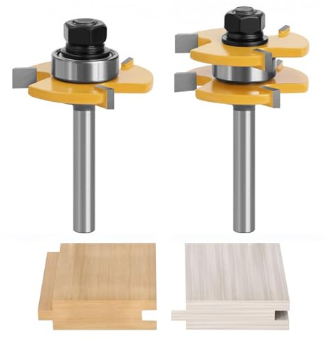 HiSnug Tongue and Groove Router Bit Set - T-Shape 3 Teeth Wood Milling Cutter Woodworking Tools, 1/4 Shank 3/4 Stock 1/2 Cutting Depth, 2pcs, 1-3/8