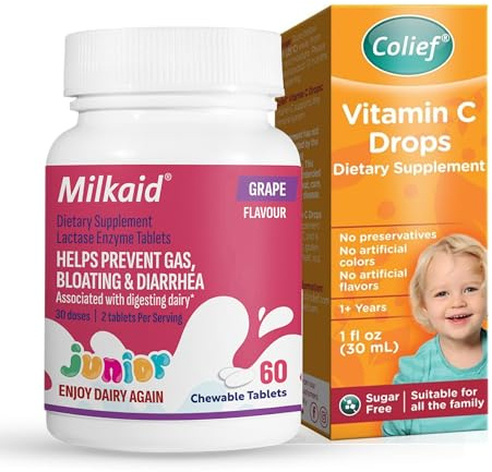 Milkaid Junior Lactase Enzyme Tablets Grape 60 Chewables + Colief Vitamin C Drops 30ml – Kids Digestive Support & Immune Health Bundle (Ages 1+)