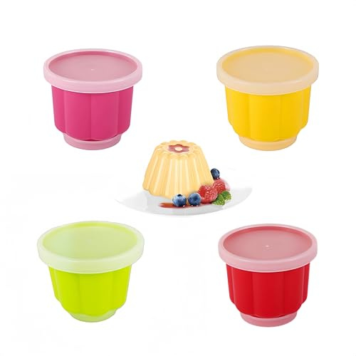 LEBKFT 4 pcs Pudding Moulds Panna Cotta Moulds Pudding Cups with Lid Traditional Jelly Moulds Mini Pudding Basins Baking Cases Yorkshire Pudding Tray DIY Baking Tins Non Stick Cooking Pans (B)
