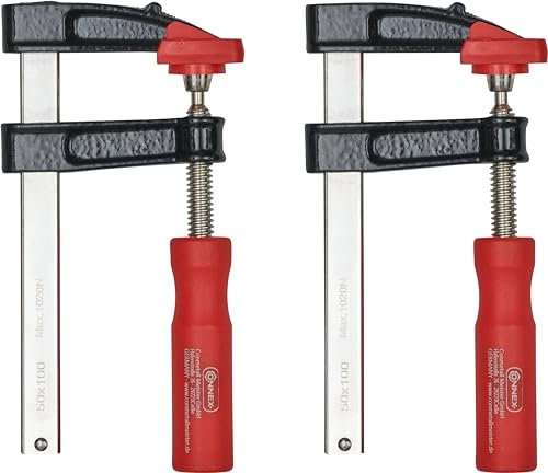 Connex Bastler-Schraubzwinge - 100x50mm 2 Stück -rot/schwarz/chromfarbig - vernickelte flache Stahlschiene A3-Stahl 15x4mm - mit Kunststoff-Schutzkappe - Kunststoffgriff/Schraubzwingen Set/COXT865210