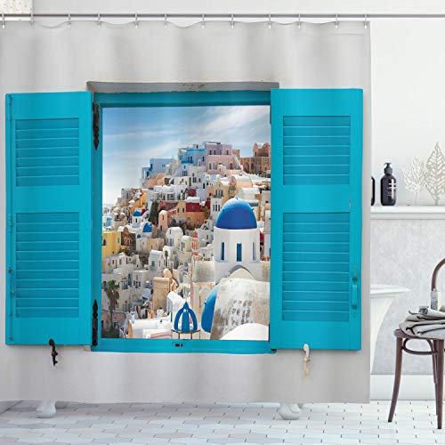 ABAKUHAUS Griechenland Duschvorhang, Fenster Alte Fensterläden, Stoffliches Gewebe Badezimmerdekorationsset mit Haken, 175 x 180 cm, Türkis