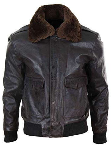 Veste pour Homme Style aviateur Bomber en Cuir véritable col fourré Amovible - Marron L