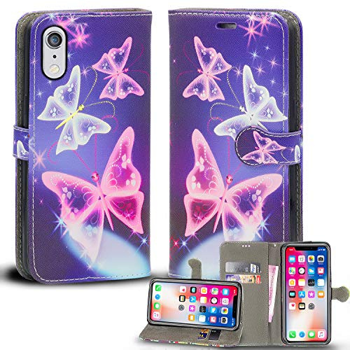 Mobile Stuff iPhone XR Leather Wallet Case - Folio Flip Book Cover with Magnetic Clasp Closure - Adjustable Viewing Stand (iPhone XR, Butterfly Blue)