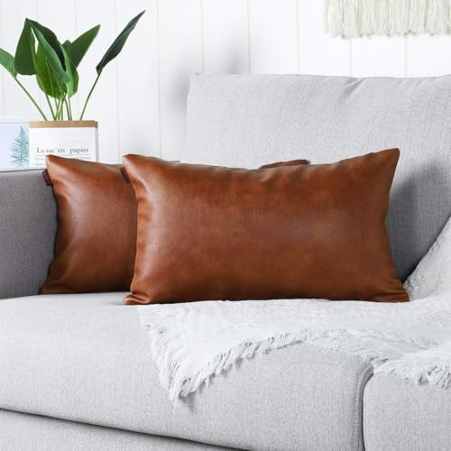 Mandioo Brunt fuskläder dekorativt ländryggskuddöverdrag 30 x 50 cm moderna enfärgade utomhus kuddfodral lyxiga prydnadskuddar för bäddsoffa 30 cm x 50 cm, paket med 2