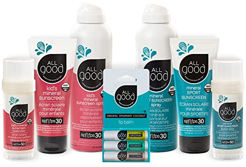All Good Family Sunscreen Pack - Kids Lotion, Spray, Butter Stick & Sport Lotion, Spray, Butter Stick, Lip balm SPF 15 3-pack