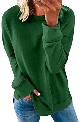 Yming Frauen Casual Langarm Sweatshirt Rundhals Oberteil Einfarbig Shirt Grün L
