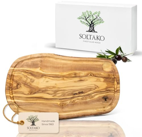SOLTAKO Côte d'Azur Schneidebrett Olivenholz mit Saftrille [40 x 18 x 2 cm] natur, Brett aus Oliven Holz, Steakbrett, Servierbrett