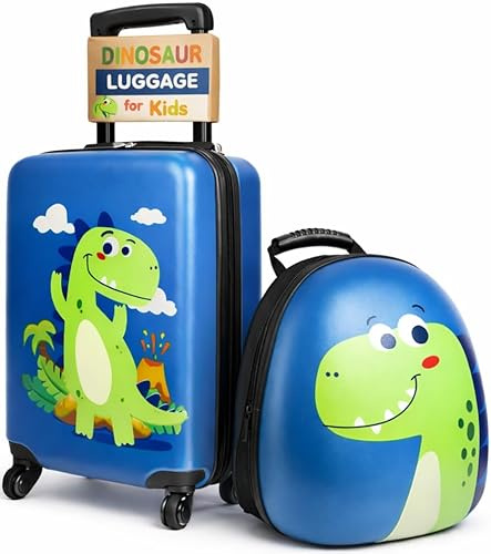 emissary Kids Luggage with Wheels, Hardside Toddler Carry On Suitcase Set, Lightweight Rolling Travel Bag for Boys and Girls, Airline Approved Travel Gifts - Dinosaur