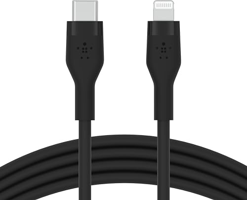 Belkin BoostCharge Flex Silikon-USB-C/Lightning-Kabel, 1 m, MFi-zertifiziert, 20 W, zum Schnellladen mit PD Power Delivery für iPhone 14/14 Plus, 13, 12, Pro, Max, mini, SE und andere Geräte – Schwarz