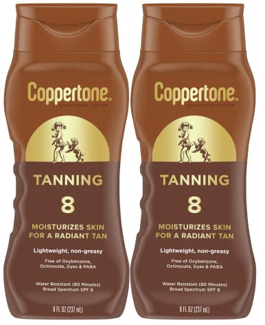 Coppertone Sunscreen Tanning Lotion SPF 8, Lightweight and Non Greasy Sunscreen, Water Resistant, Oxybenzone Free, Sun Tan Lotion Moisturizes Skin for a Radiant Tan, 8 Fl Oz Bottle, Pack of 2