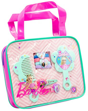 Joy Toy - Barbie Haarschmuckset mit 2 Glitzerhaarspangen, 4 Haarbänder, Kamm und Spiegel im Glitzertäschchen 19x4x16 cm