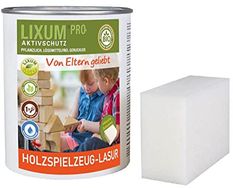 LIXUM PRO 100% biologische & natürliche Holzspielzeug Lasur, Farbe:farblos 0.00, Inhalt:100 ml (ca. 3m²), inkl. Zubehör:Schwamm