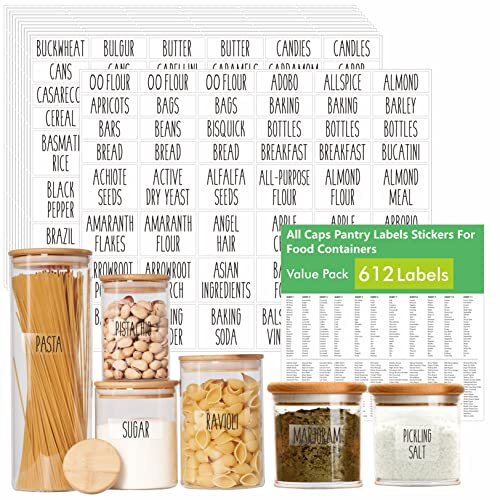 612 Lebensmittel Etiketten Minimalistisch für Speisekammern, Kräuter Gewürz Gewürzöl Aufkleber, plus 51 Leere Aufkleber, Wasser/Öl/Reißfest, Keine Rückstände, Erweitern Sie Version für Küche