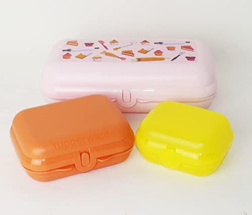 Tupperware NEW Lunchbox Twin Set Maxi Back Motiv Rosa + Gr. 2 Ziegelrot + Gr. 1 Gelb + Hängelöffel Lila