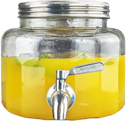 Lomejii Distributeur de boisson en verre 2,8L réfrigérateur avec robinet, bec verseur et couvercle en acier inoxydable 304, récipient en verre pour eau, jus, lait, petite boisson froide, rond
