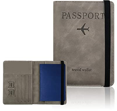 PORRASSO Reisepasshülle Reisezubehör mit RFID-Blocker Schutzhülle Tasche für Kreditkarten Kunstleder Reisepass Organizer Passport Cover Grau