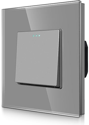 CNBINGO Rocker Lichtschalter 1 Fach 2 Weg Glas Lichtschalter, Modernem Kristallglas Wandplatte mit Leuchtpunkten, Grau | Lichtschalter Unterputz,Wandschalter mit Glasfront,86mm,16A 250V,Einfach Montage