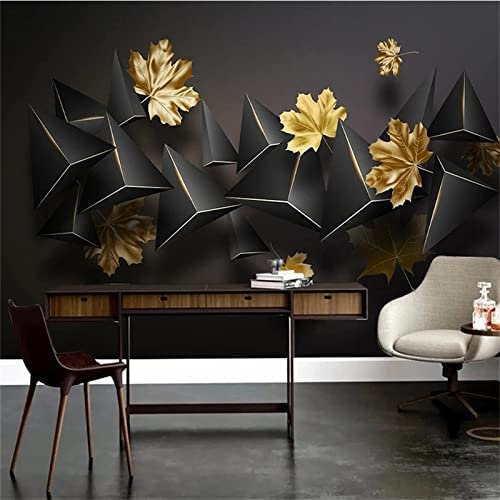 Wall Mural Wallpaper 3D Golden Maple Leaf Black Geometry Wall Mural For Living Room And Bedroom Murals Home Wall Decoration Wall Photo Peel And Stick Wall Stickers Self-Adhesive 400 (W) x 280 (H) cm