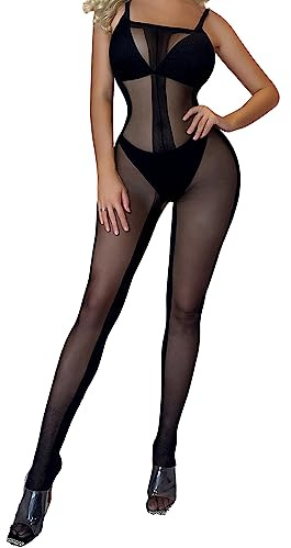 Sniff Rose Mesh Bodystocking for Women Fishnet Lingerie Bodycon Bodysuit with Starps Suspenders Tights See Through Chemise Teddy Babydoll Nightwear (Black)