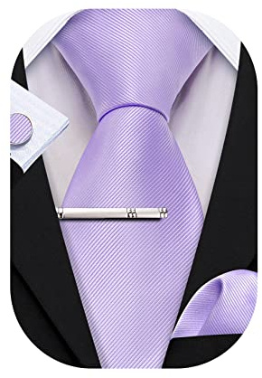 Barry.Wang Krawatten-Set für Herren, klassisch, Satin, Krawatte, Einstecktuch, Manschettenknöpfe, Clip, 4 Stück, für Herren, Hochzeit, formelle Geschäfte, Flieder, Einheitsgröße