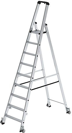 PROREGAL Stufen-Stehleiter | einseitig begehbar | mit Rollen | 9 Stufen | Leiter, Teleskopleiter, Trittleiter, Bockleiter, Sprossen-Doppelleiter
