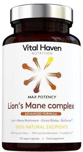 Vital Haven Lion's Mane Supplement (4000mg) with Gingko Biloba (1000mg) and BioPerine - UK Made