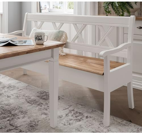 Lomadox Esszimmer Bank 180cm mit Stauraum, Kiefer weiß mit Eiche, Massivholz