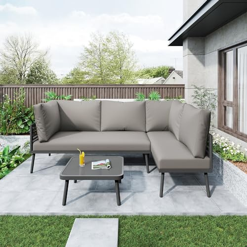 Idemon Gartenmöbel-Set aus Eisen, Gartenmöbel-Set in L-Form, Garten-Lounge-Set mit Sitzkissen, verstellbaren Füßen, 2 Sofas und 1 Tisch (Grey)