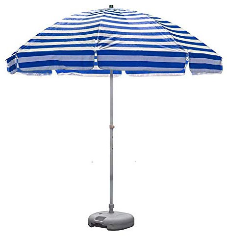 MaGiLL 8,2 Fuß gestreifter Strandschirm UV 50+, tragbarer Außenterrassen-Gartenschirm-Sonnenschutz mit 8 stabilen Rippen und Kurbel (Farbe: Blaue und weiße Streifen)