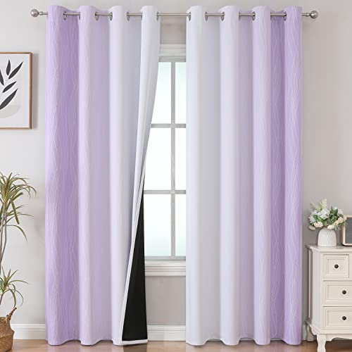 VEHEDE Farbverlauf Ombre Modern Gardinen Wohnzimmer mit Ösen Thermovorhang Kälteschutz, Schallschutz Verdunklungsvorhänge Blickdicht Vorhänge Schlafzimmer, H 214 x B 132 cm, Lila und Weiß, 2er Set