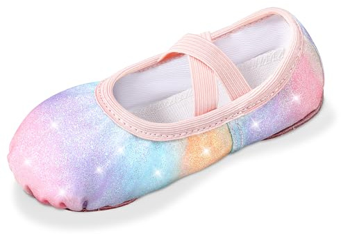 Comfyouth Ballet Shoes Girls Glitter Ballet Flats Split Sole Dance Shoes Leather Ballerina Shoes Ballet Dance Slippers with Elastic Cross Straps for Toddlers Kids Rainbow