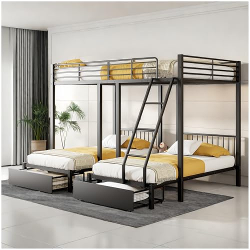 Sapgaks Lit superposé Triple avec tiroirs, lit Enfant,Convertible en Un lit Double 140 x 200 et Deux Lits Simples 90 x 200, lit Multifonctionnel avec Cadre métallique (Noir)