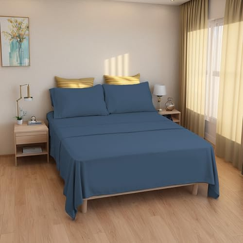 Etrexonline Set Lenzuola Matrimoniali 4 Pezzi per Letto 150x190/200cm, Completo Lenzuola Microfibra Traspirante Ultra Morbido - Include 1 lenzuolo sopra, 1 lenzuolo con angoli e 2 federa - Blu scuro