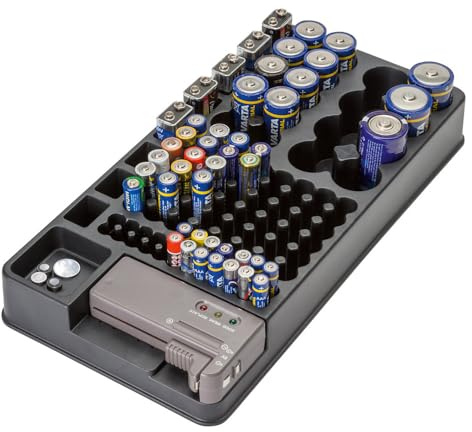 EUROtops Batterie-Aufbewahrungsbox mit Tester, 98 Plätze, Schwarz | Batteriebox, Organizer, für AAA, AA, C, D, 9V, herausnehmbarer Batterietester, für Schublade & Wand