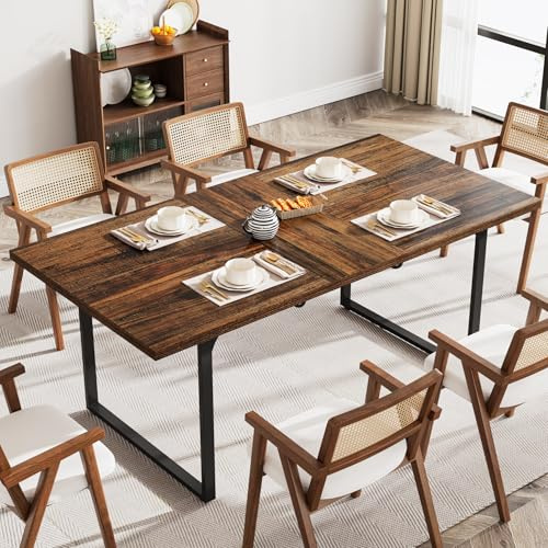 Tribesigns Extendable Dining Room Table for 6-8 People, 63-78.8 Wood Dinner Table with Metal Frame for Kitchen Living Room Dining Room, Rustic Brown and Black