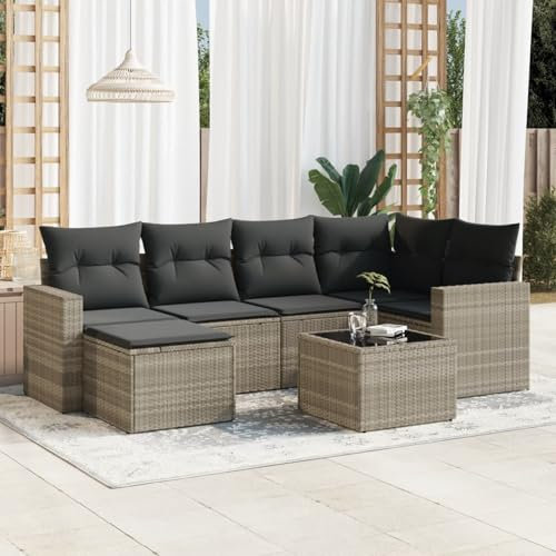 Juroupi 7-TLG. Garten-Sofagarnitur mit Kissen Lounge Sofa Outdoor Sitzgarnitur Garten Lounge GartenmöBel Set Lounge Set Outdoor Hellgrau Poly Rattan - 3219262